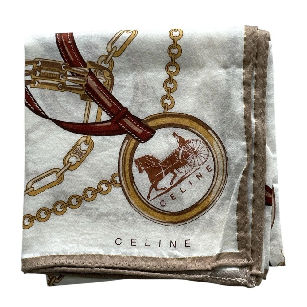 Authentic Celine Vintage Equestrian Chain Print Handkerchief in White and Brown